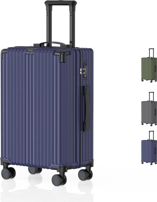 Donkerblauwe koffer met ribbelpatroon, 4 wielen en TSA-slot. Grijs, groen en blauw zijn opties.