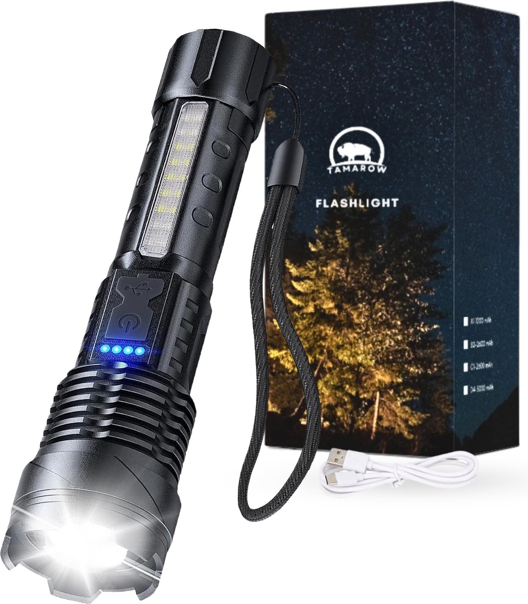 Tamarow Oplaadbare LED Zaklamp met cob licht - 30W - Duurzaam - Zoomfunctie - Waterdicht - 2600mAh Batterij - TYPE-C USB - 7 Lichtstanden