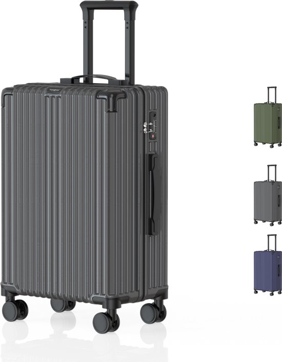 Grijze koffer met trolley handvat en wielen, met kleine kleuropties rechts.