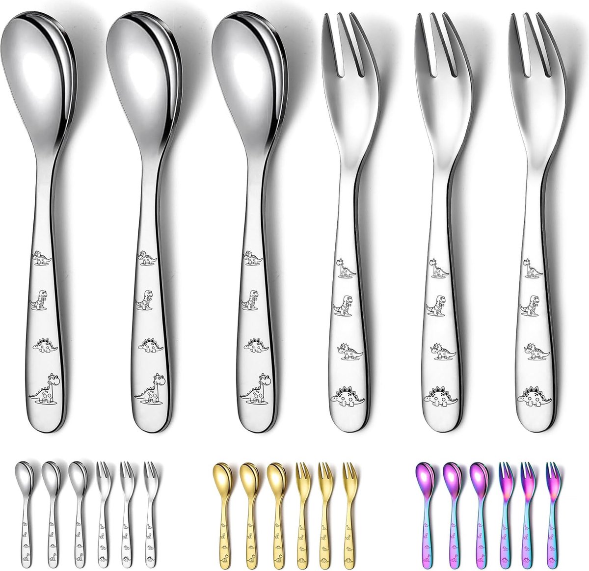 Goedkoopste Kinderbestek met, 6 stuks RVS peuterbestek, kinderbestekvorken en -lepels, spiegelgepolijst glad rond servies en vaatwasmachinebestendig