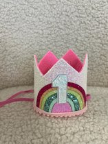 Verjaardagskroon-1 jaar-eerste verjaardag-eenhoorn-regenboog-kroon-cakesmash-fotoshoot-themafeest-meisje