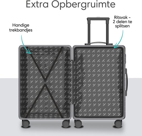 Open donkergrijze koffer met extra opbergruimte, handige trekbandjes en ritsvak.