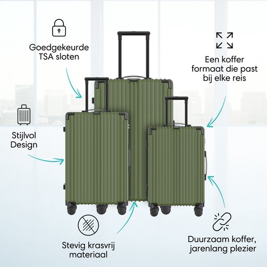Drie olijfgroene koffers van verschillende groottes, met iconen voor "TSA sloten", "Stijlvol Design", "Stevig krasvrij materiaal" en "Duurzaam koffer".