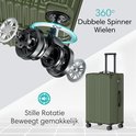 Exploded view van de dubbele spinnerwielen van een olijfgroene koffer, met tekst "360° Dubbele Spinner Wielen" en "Stille Rotatie Beweegt gemakkelijk".