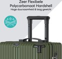 Close-up van de olijfgroene koffer, met focus op de uitschuifbare handgreep en de tekst "Zeer Flexibele Polycarbonaat Hardshell".