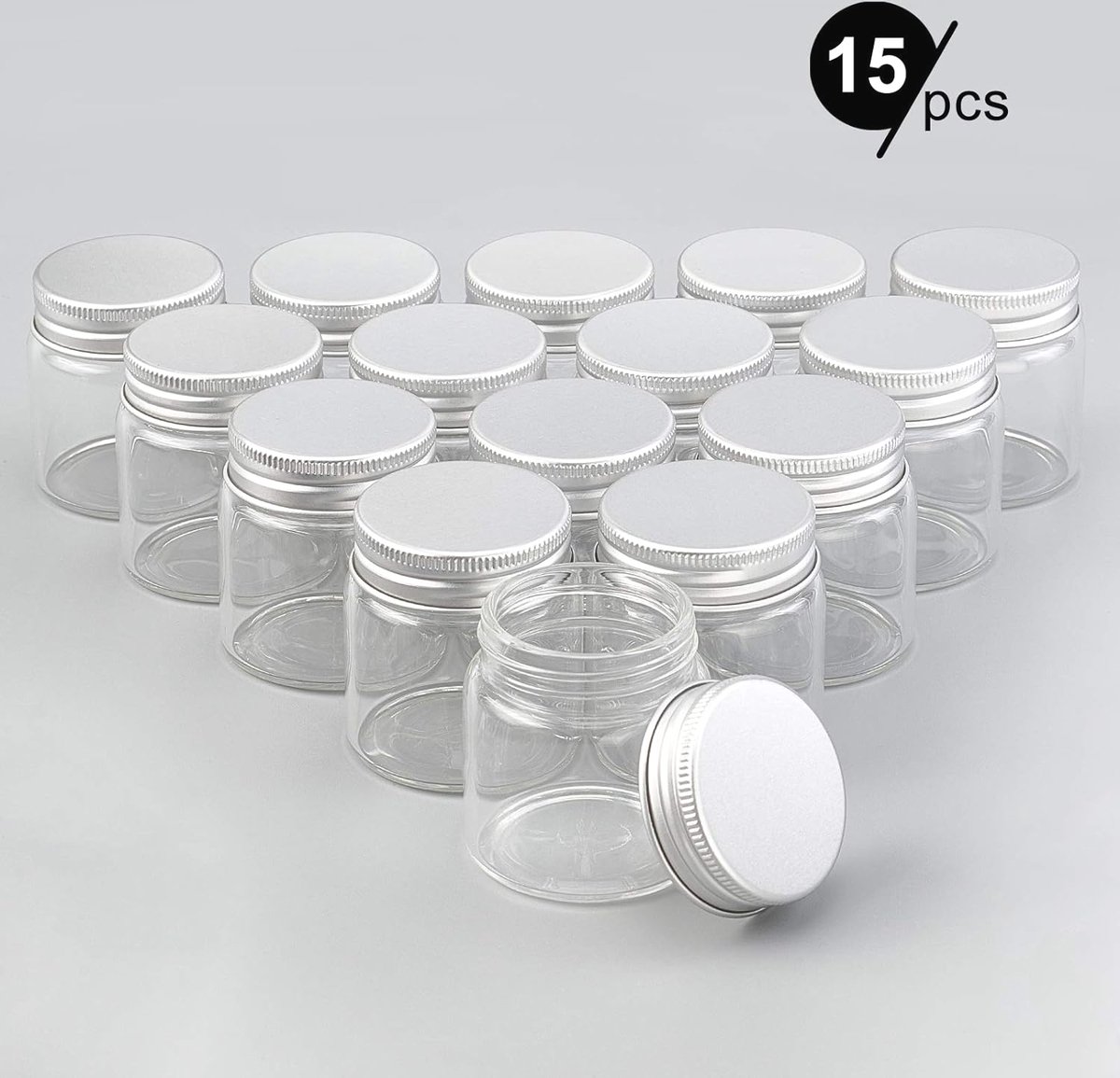MGM Trading 15 STKS 50 ml Clear Glazen Flessen Candy Fles met Aluminium Schroef Top Lege Sample Potten met 2 Vellen Labels voor Spice Kruiden Kleine Items Opslag Bruiloft Gunsten