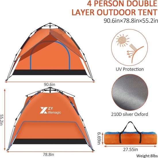 Automatische Pop-up Campingtent voor 3-4 Personen - Waterdicht en Winddicht - Inclusief Grote Draagtas - Ideaal voor Gezinscamping en Buitenactiviteiten - Oranje van Merkloos — afbeelding 2