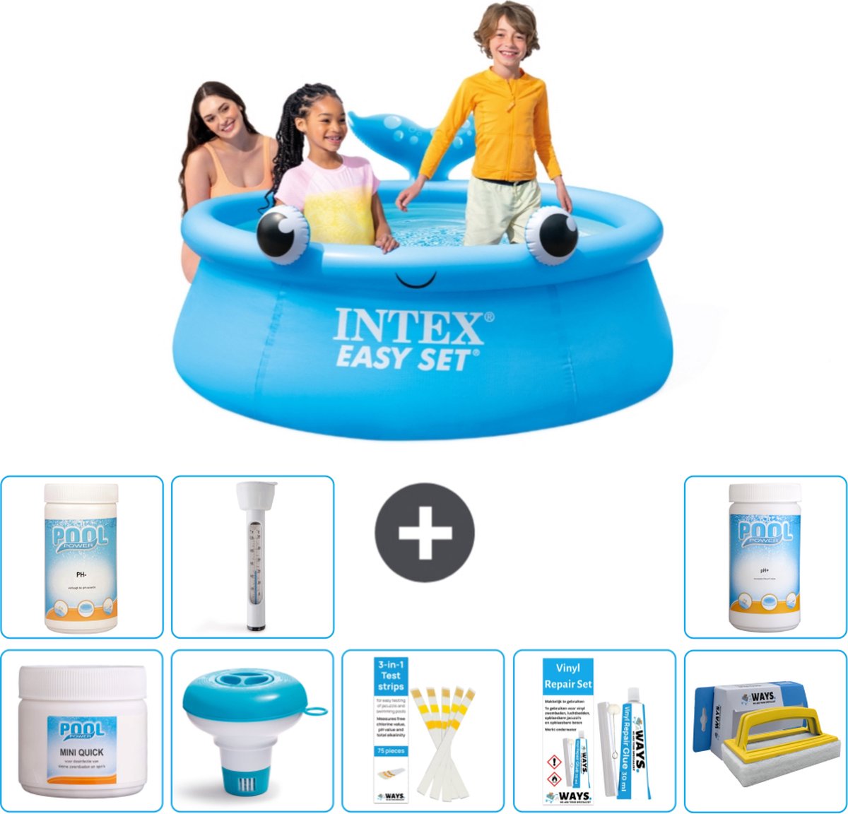 Intex Rond Opblaasbaar Easy Set Zwembad - 183 x 51 cm - Blauw - Walvis - Inclusief Chloor - Chloordrijver - Testrips - Reparatiesetje - Scrubborstel - PH-waarde - PH-waarde - Thermometer