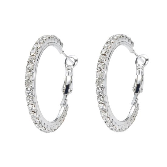 Behave Dames oorringen met kristal steentjes – zilverkleurige ronde oorbellen - diameter 3.1 cm