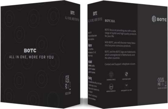 Zwarte kartonnen verpakking met cirkelpatroon en logo 'BOTC - ALL IN ONE, MORE FOR YOU'.