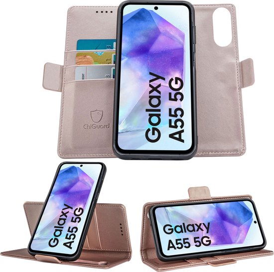 Étui portefeuille rose avec fentes pour cartes, fonction de support et une coque magnétique amovible pour le Galaxy A55 5G.