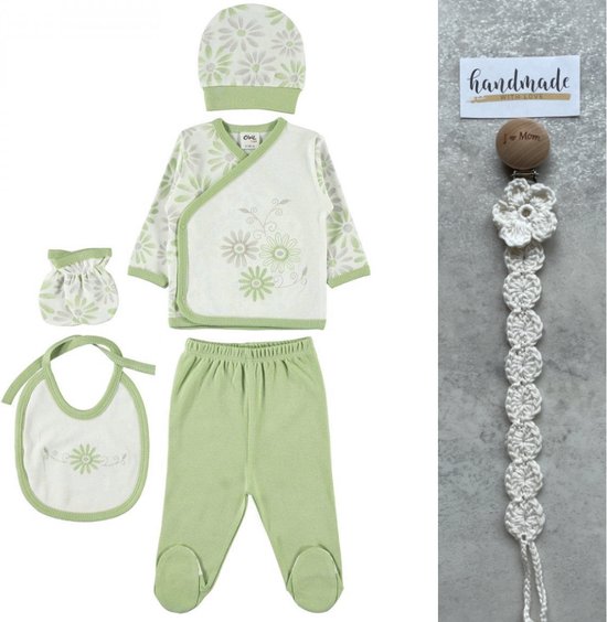 Baby 5-delige newborn kledingset meisjes - Fopspeenkoord cadeau - Newborn set - Babykleding - Babyshower cadeau - Kraamcadeau
