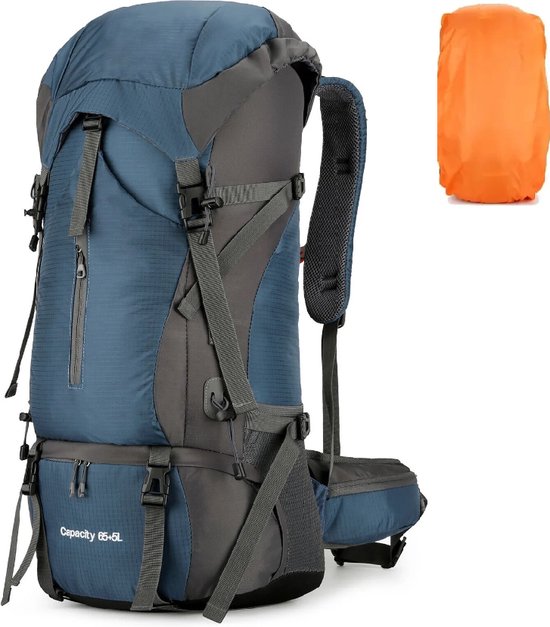 Avoir Avoir®-Hiking travel backpack met regenhoes- Nylon-Blauw-Rugzak- Tas- Camping -Reistas met Regenhoes - 70L Capaciteit