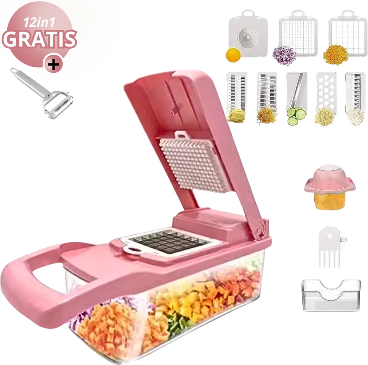 Nesly Groentesnijder Multifunctioneel Frietsnijder Rasp Mandoline Keukensnijder Allessnijder Keukensnijder Uiensnijder Kunststof 12-in 1 Keuken Mandoline Roze + GRATIS SCHILLER