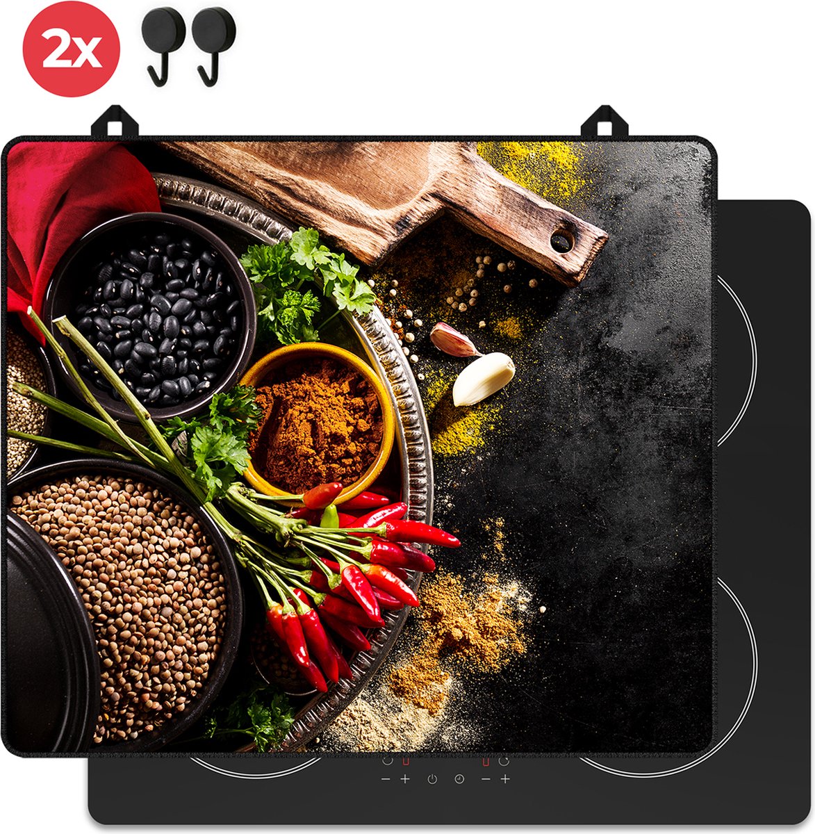 KitchyMist Inductie Beschermer 60x52 cm - Pittige Kruiden en Specerijen - Kookplaat Beschermer - Afdekplaat voor Kookplaat - Inductie Mat - Spatscherm Achterwand Keuken