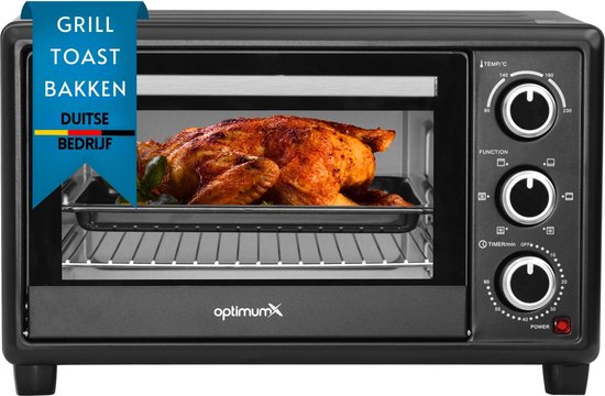 OptimumX Vrijstaande Oven - 20L - Kleine Oventje - Pizzaoven - Mini Oven - Camping Oven - Hetelucht - Timer - Zwart - 1380 Watt