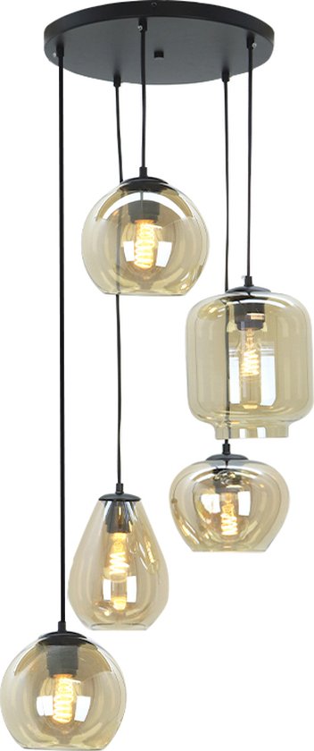 Olucia Caia - Moderne Hanglamp - 5L - Glas/Metaal - Amber;Zwart - Rond - 48 cm