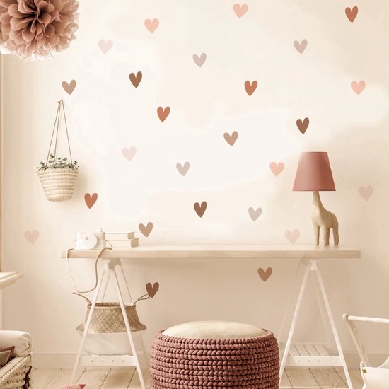 Muursticker - Muur sticker | Harten / Hartjes | Pasteltinten | Poeder Rose – Bruin tinten | Figuren | Kinderkamer inspiratie - Wanddecoratie | Meisje – Baby - Girl | Bohemian – Poster | Verwijderbaar – Zelfklevend