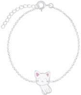 Joy|S - Zilveren kat poes armband - 14 cm + 3 cm - wit met roze oortjes - voor kinderen