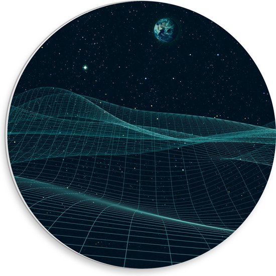 PVC Schuimplaat Muurcirkel - Lijnen - Ruimte - Maan - Aarde - Sterren - 30x30 cm Foto op Muurcirkel (met ophangsysteem)