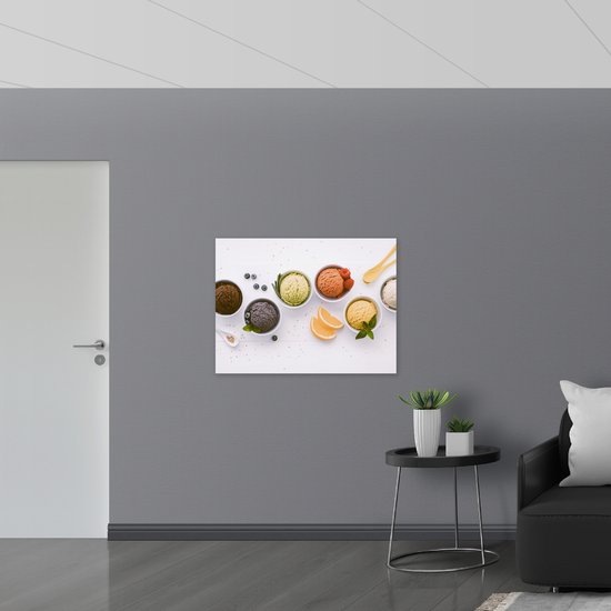 Acrylglas - Ijs - Bolletjes - Lepels - Bakjes - Fruit - Bosbessen - Frambozen - Citroen - Chocolade - 100x75 cm Foto op Acrylglas (Wanddecoratie op Acrylaat)