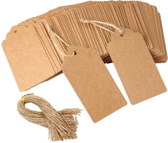 G2PLUS 500 stuks kleine cadeaulabels voor kleding, prijskaartjes, ambachtelijke prijskaarten met koord, etiket van kraftpapier (2,5 cm x 4,5 cm