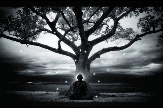 Allernieuwste.nl® Canvas Schilderij * Boeddhistische Zen Master Zittend Onder een Boom * - Kunst aan je Muur - Realistisch - zwart-wit - 50 x 75 cm