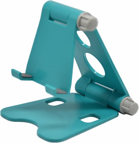 Turquoise opvouwbare telefoonstandaard met de basis naar voren gericht.