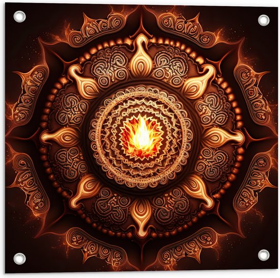 Tuinposter – Mandala - Vuur - Oranje - Rond - 50x50 cm Foto op Tuinposter (wanddecoratie voor buiten en binnen)