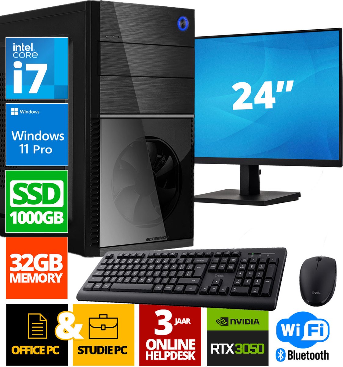 Intel Compleet PC + 24" Monitor + Muis & Toetsenbord | Intel Core i7 | 32 GB DDR4 | 1 TB SSD | RTX 3050 | Windows 11 Pro + WiFi & Bluetooth