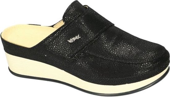 Zwart Vital muiltje met klittenbandsluiting en gespikkelde textuur. De zool is wit met een zwarte rand.