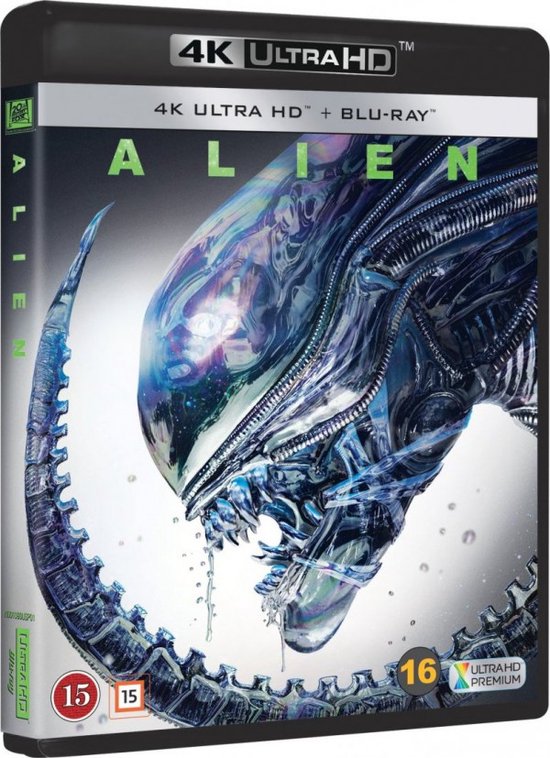 Hoes van "Alien" 4K Ultra HD + Blu-ray met een close-up van de iconische Xenomorph.