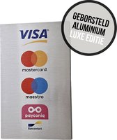 Bord geborsteld aluminium | Betaalmogelijkheden | 15 x 25 cm | Luxe uitvoering | Visa/ Mastercard/ Maestro/ Bancontact/ PayConiq | Retail | Elektronisch betalen | Winkel | Betaalopties | Pinnen | Kredietkaart | Creditcard | Debetkaart | 1 stuk