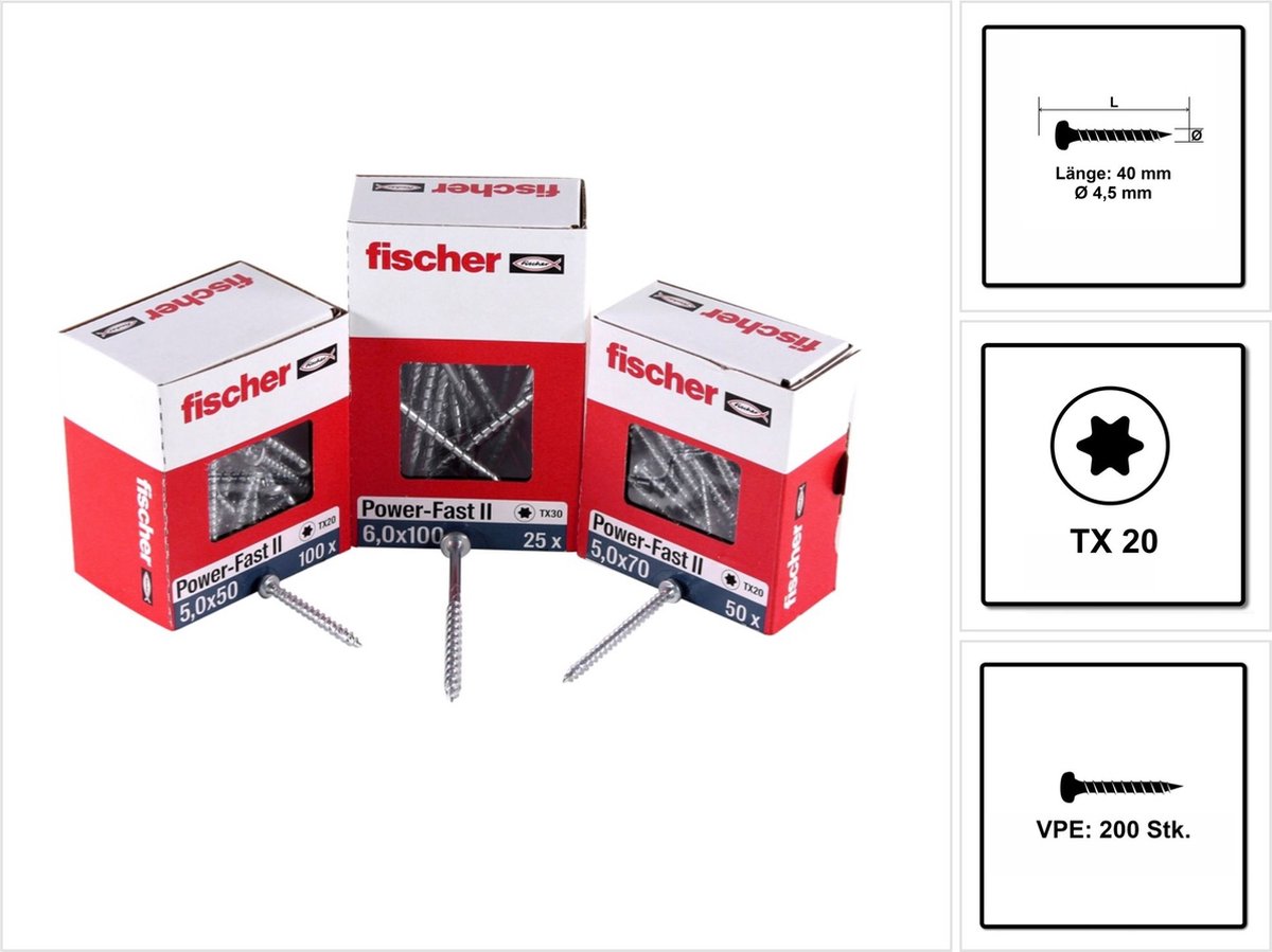 Fischer 200x Power-Fast II FPF II PTF 4,5 x 40 mm BC Pan Head met binnenzeskant TX20 volschroefdraad galvanisch verzinkt blauw gepassiveerd - 670332