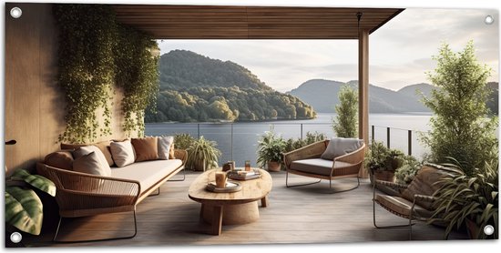 Tuinposter – Huis - Tuin - Terras - Lounge - Planten - Hout - 100x50 cm Foto op Tuinposter (wanddecoratie voor buiten en binnen)