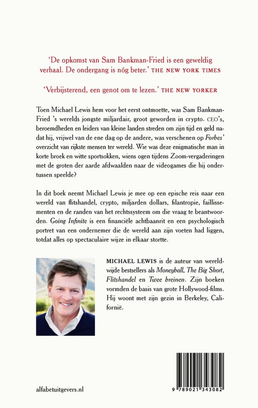 Een portret van de auteur Michael Lewis, met tekst over zijn boeken.