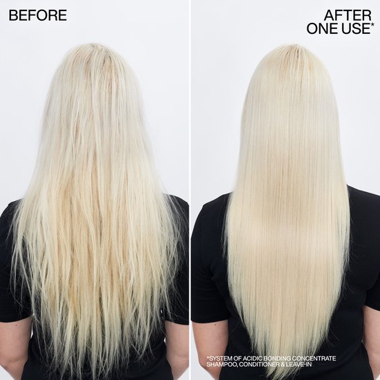 Photos avant et après de cheveux blonds, qui sont plus lisses et brillants après une seule utilisation.