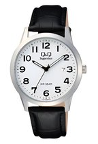 Q&Q C52A-004VY-Superior-Horloge-Dames-Zilverkleurig-Duidelijke wijzerplaat-Zwart lederen band-Datum