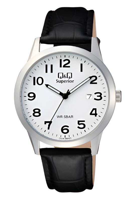 Q&Q C52A-004VY-Superior-Horloge-Dames-Zilverkleurig-Duidelijke wijzerplaat-Zwart lederen band-Datum