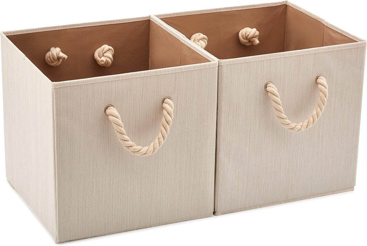 Katoenen opvouwbare opbergdozen met sterke handgrepen - Set van 2 - 33 x 33 x 33 cm - Beige