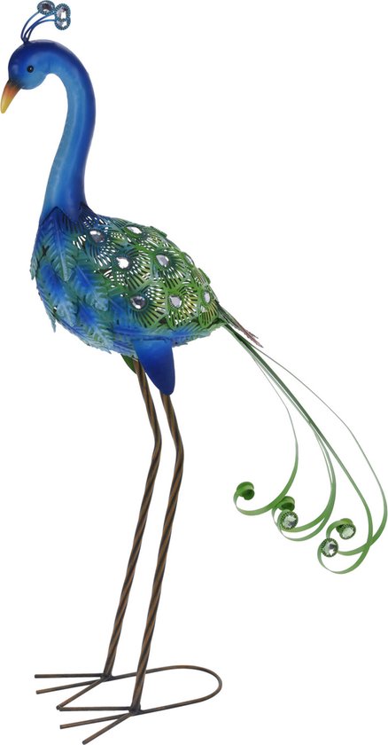 Pro garden Jardin/home déco animaux/statue oiseau - Métal - Paon - 12 x 80 cm - extérieur/intérieur - bleu