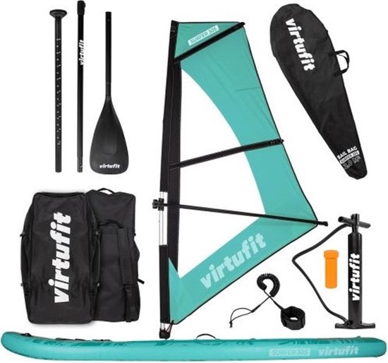 Virtufit Supboard Surfer 305 - Turquoise - Stand Up Paddle Board - Supboard Opblaasbaar - Inclusief windzeil, draagtas en accessoires - Voor beginners en gevorderden - Met GoPro mount - Verstelbare peddel - Max. 180 kg