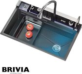 Brivia Luxe Spoelbak Zwart - Digital Display - Waterval Gootsteen Zwart - 75x46CM - Volledig Pakket