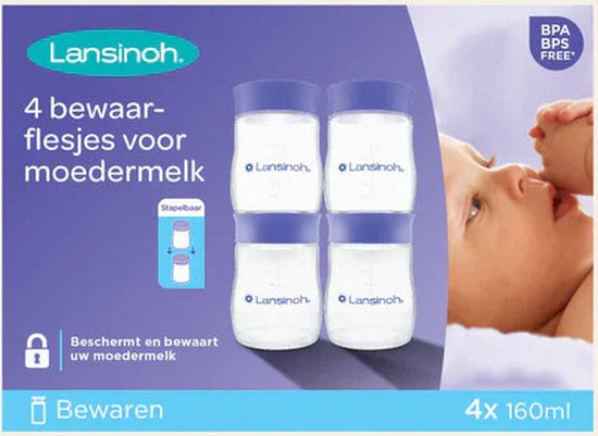 Lansinoh verpakking met 4 bewaarflessen voor moedermelk van 160ml, met een afbeelding van een baby.