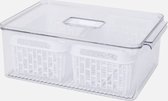Koelkast-opbergbak - Transparant - Witte bakjes - 2 Bakjes binnenin - Voor groenten en fruit - 32 x 22 x 12 cm - Met deksel