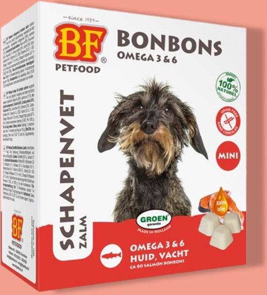 BF Petfood Schapenvet Mini Bonbons Zalm Omega 3 & 6, met een hondje, 100% Natuurlijk