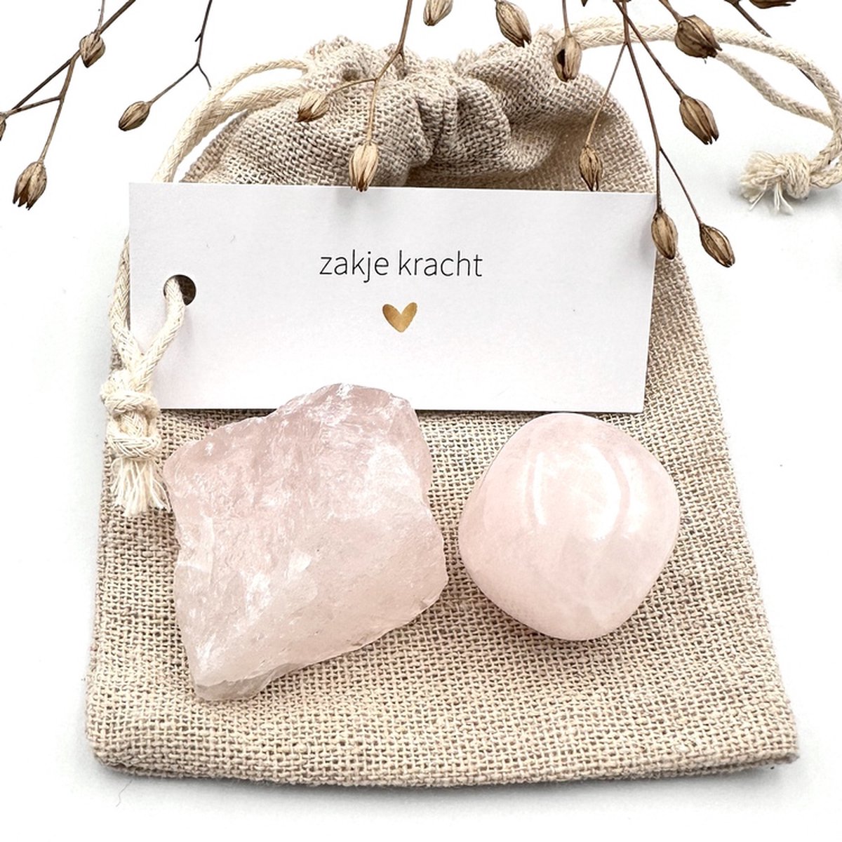 Zakje Kracht - Rozenkwarts combi -edelstenen-knuffelsteen-cadeau voor hem/haar-beterschap geschenk-bescherming-brievenbus kado-symbolisch cadeau-steun