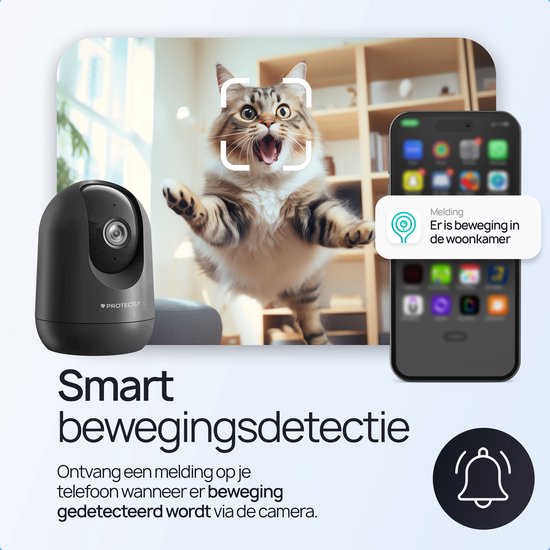 Caméra de sécurité intérieure Protectly® - Caméra pour animaux de compagnie avec application - Petcam - Caméra pour chien - Avec application WiFi - 2K 3MP Ultra HD - Détection de mouvement et de son - Caméra intérieure - Zwart