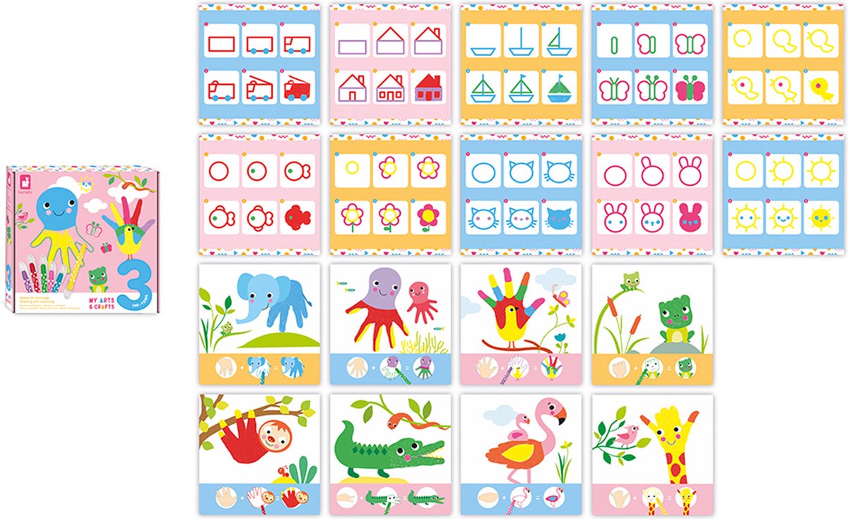 Janod My Arts & Crafts - Creatief tekenen en kleuren - Met 8 tabellen om in te vullen en 10 illustraties om na te maken - Geschikt Vanaf 3 Jaar