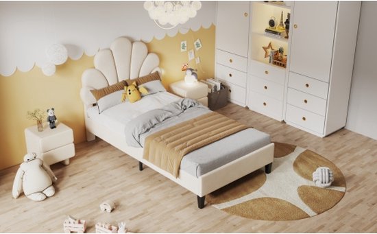 Gestoffeerd bed 90 x 200 cm - bedframe met bloemvormig hoofdeinde - lattenbodem in huidvriendelijke fluwelen stof -beige